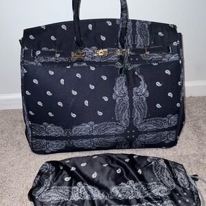 MNML Navy Blue and White Paisley Tote with Gold Accents